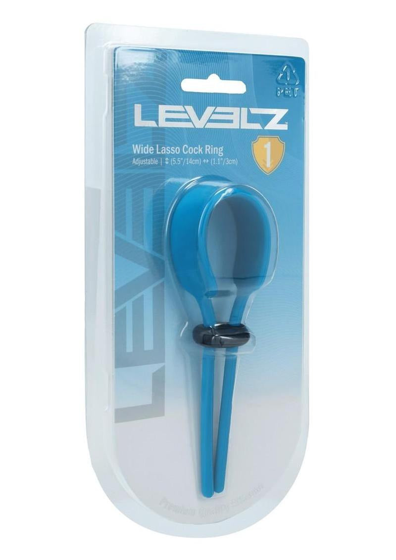 Levelz Wide Adjustable Silicone Lasso Cock Ring 5mm Teal packaging with clear design and adjustable features