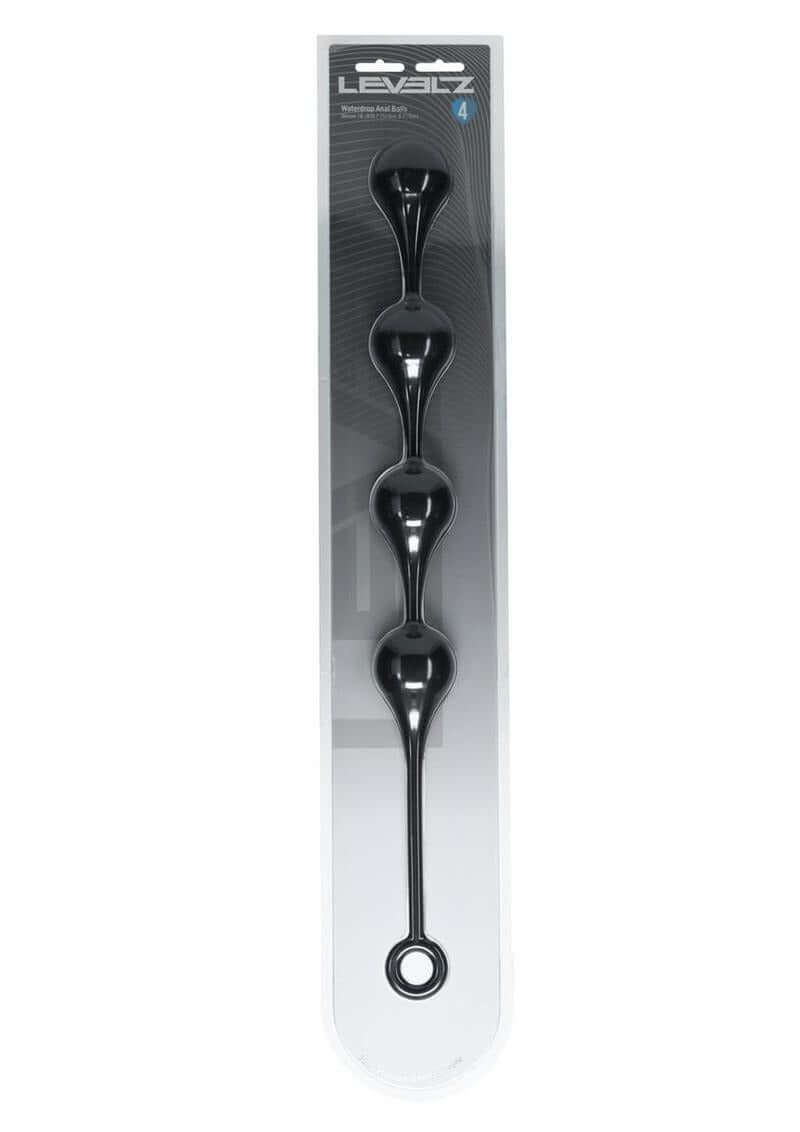 Levelz Waterdrop Silicone Anal Balls XL 50 mm Black in packaging for anal play enhancement.