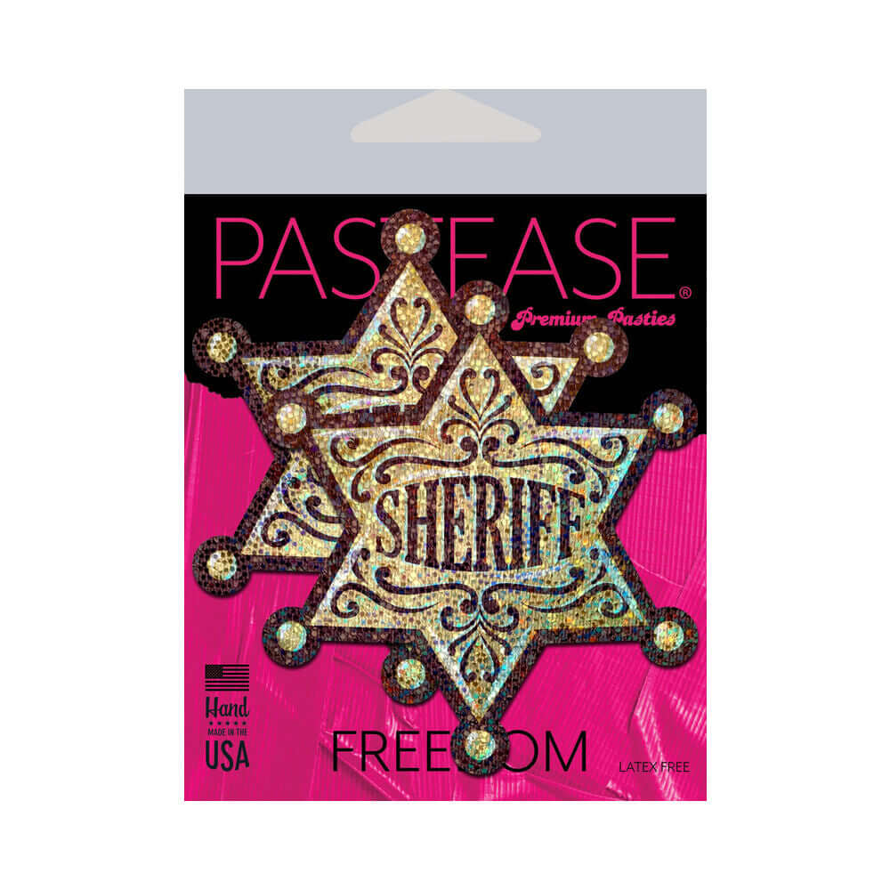Glittering Golden Sheriffs Badge Nipple Pasties packaging featuring a classic sheriff star design with glitter.