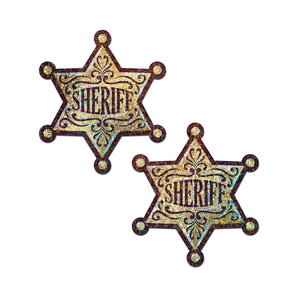Glittering Golden Sheriffs Badge Nipple Pasties featuring classic sheriff star design.