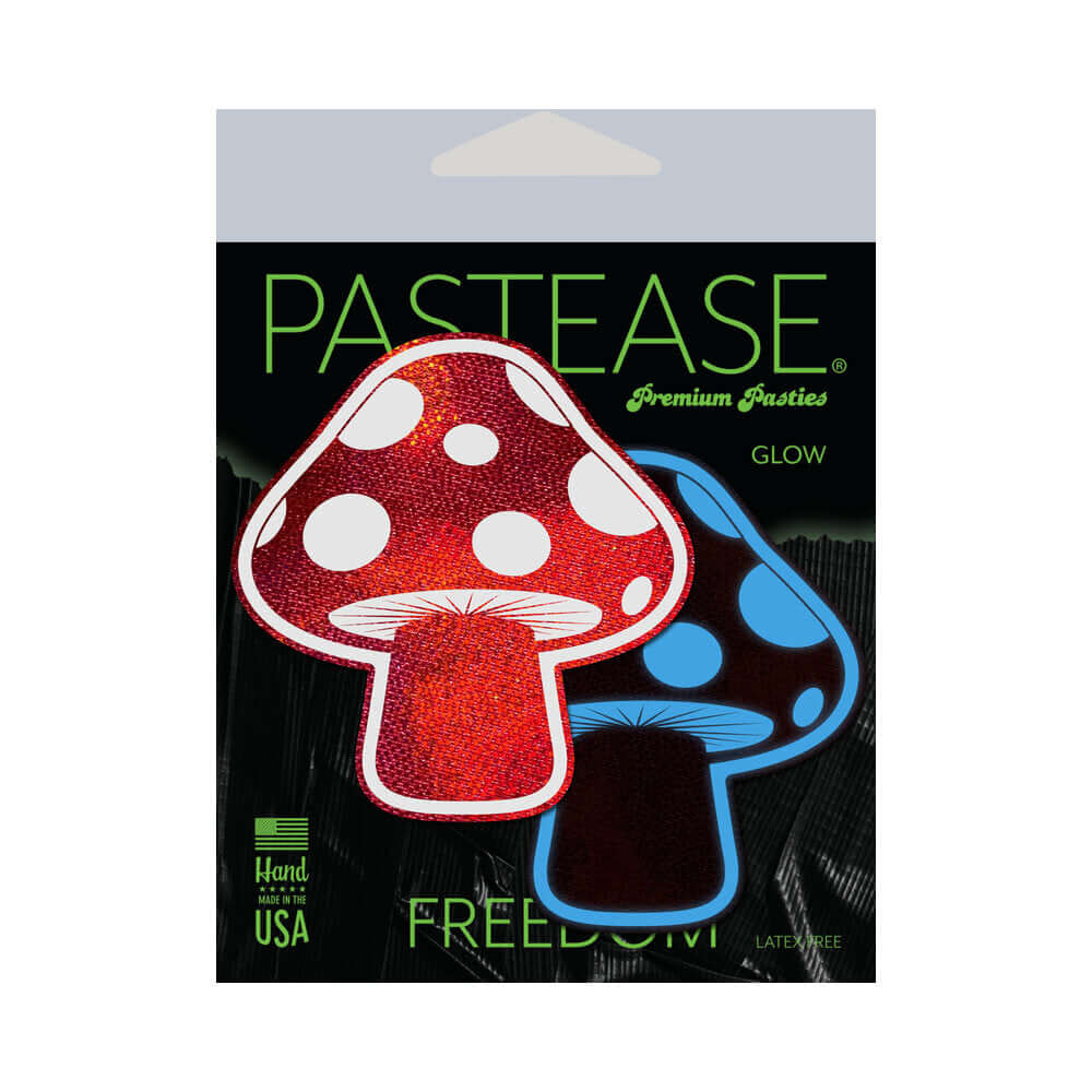 Shiny Red & White Glow-in-the-Dark Shroom Nipple Pasties packaging featuring vibrant mushroom designs.
