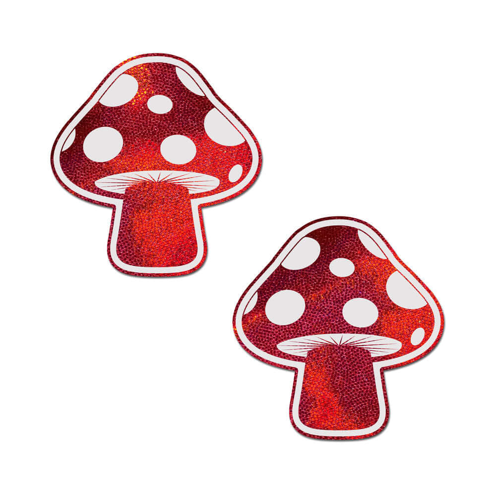 Shiny Red & White Glow-in-the-Dark Shroom Nipple Pasties featuring a playful mushroom design with red and white colors.