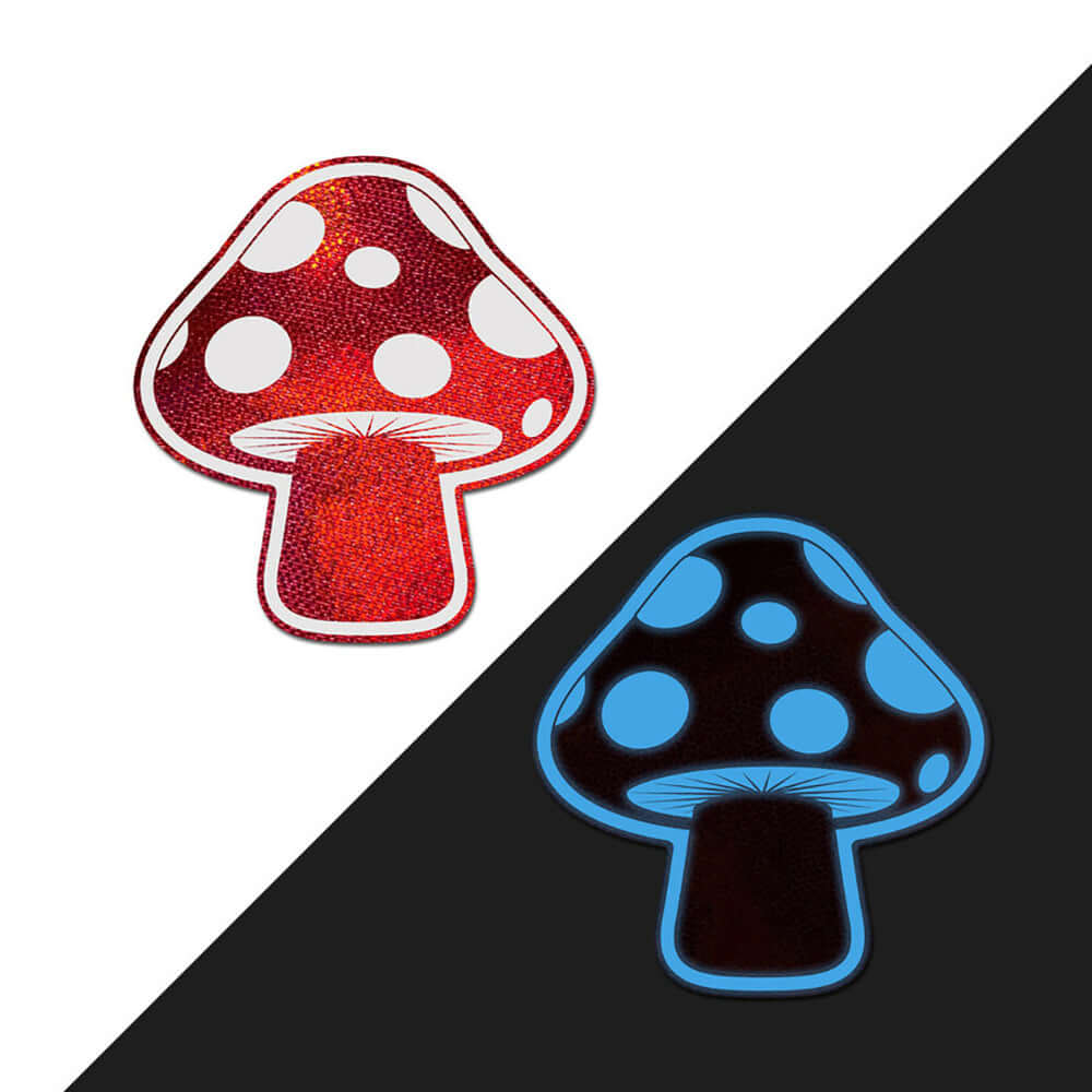 Shiny Red & White Glow-in-the-Dark Shroom Nipple Pasties displayed on contrasting background.