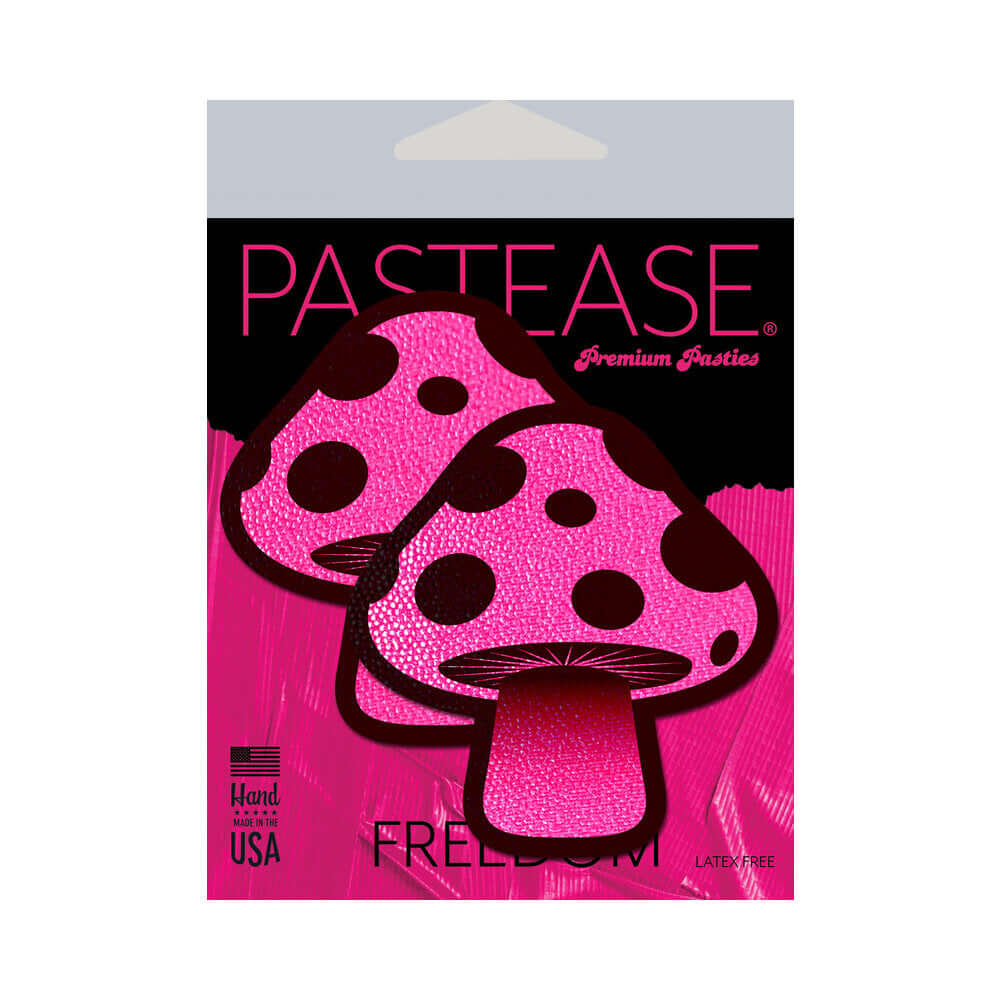 Pastease Mushroom Neon Pink Shroom Nipple Pasties packaging featuring vibrant colors and playful mushroom design.