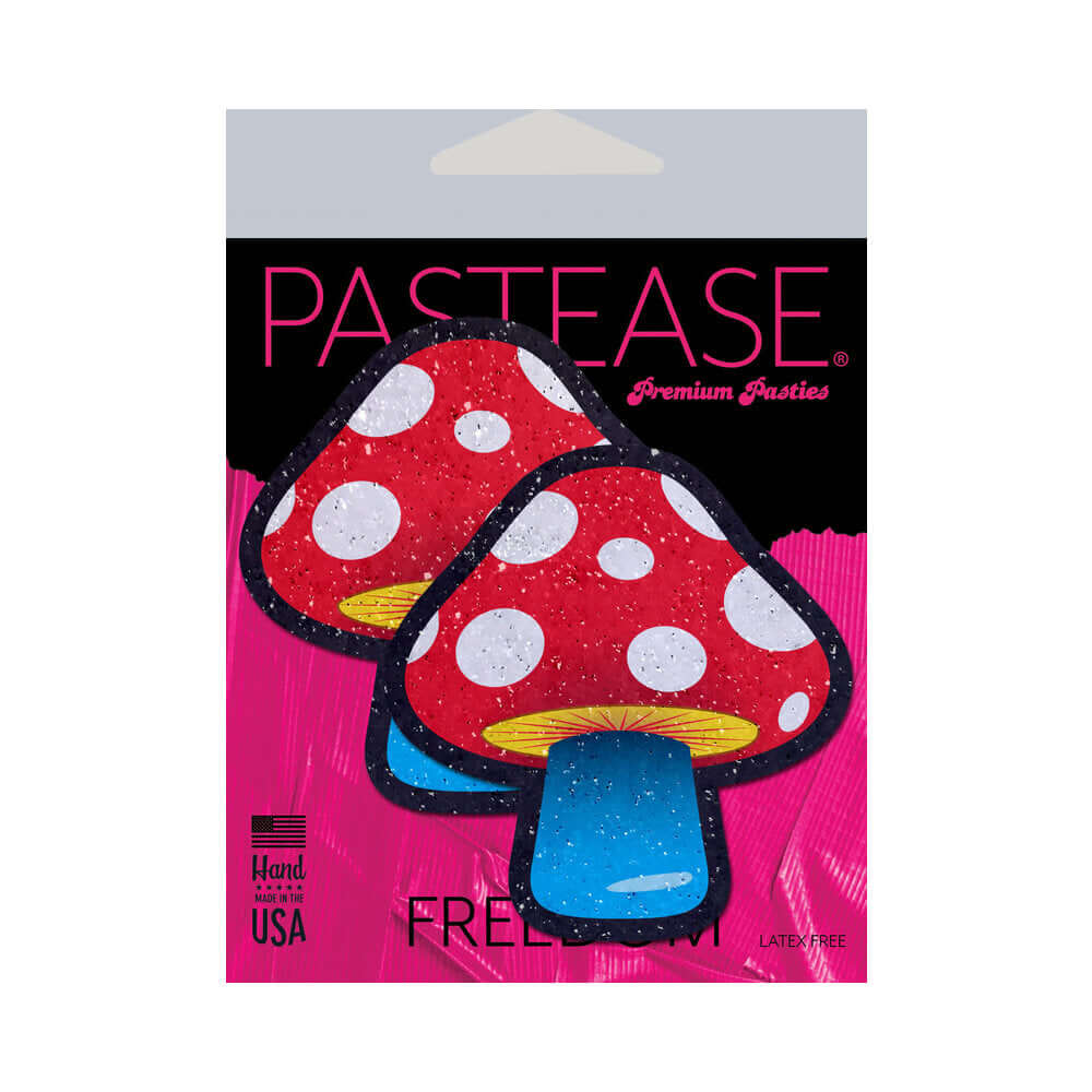 Pastease Mushroom Colorful Shroom Nipple Pasties packaging featuring vibrant mushroom designs, hand made in the USA.