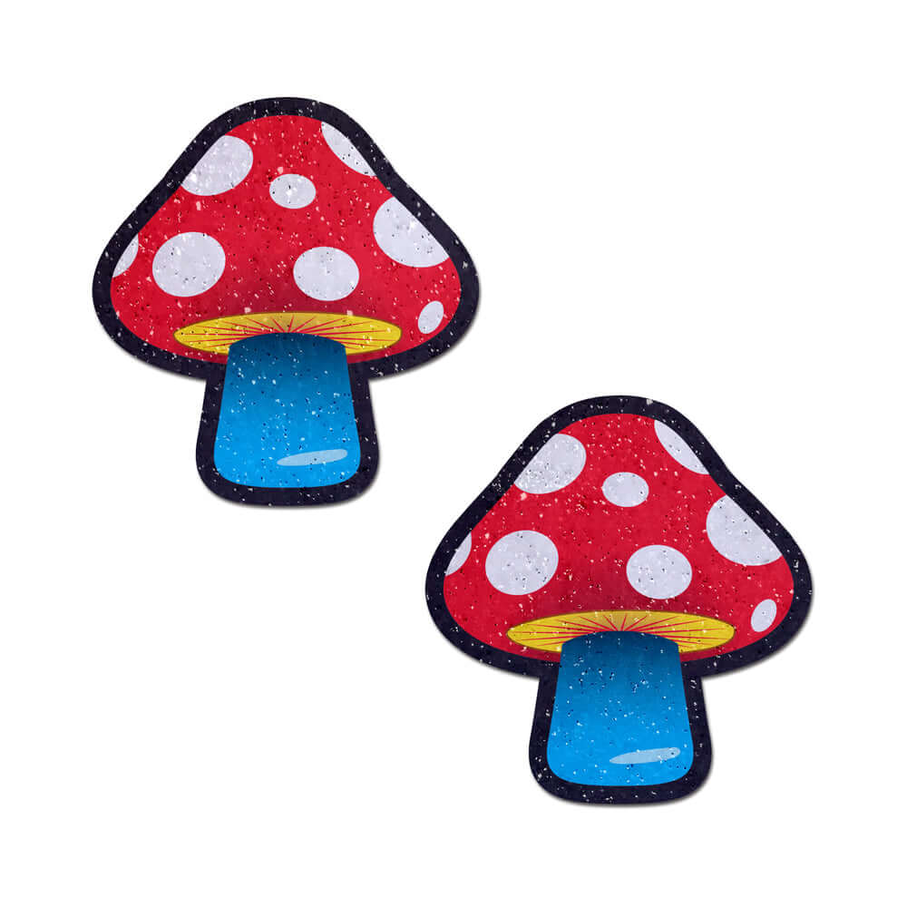 Pastease Mushroom Colorful Shroom Nipple Pasties in vibrant red with white polka dots and blue stems, handcrafted in the USA.