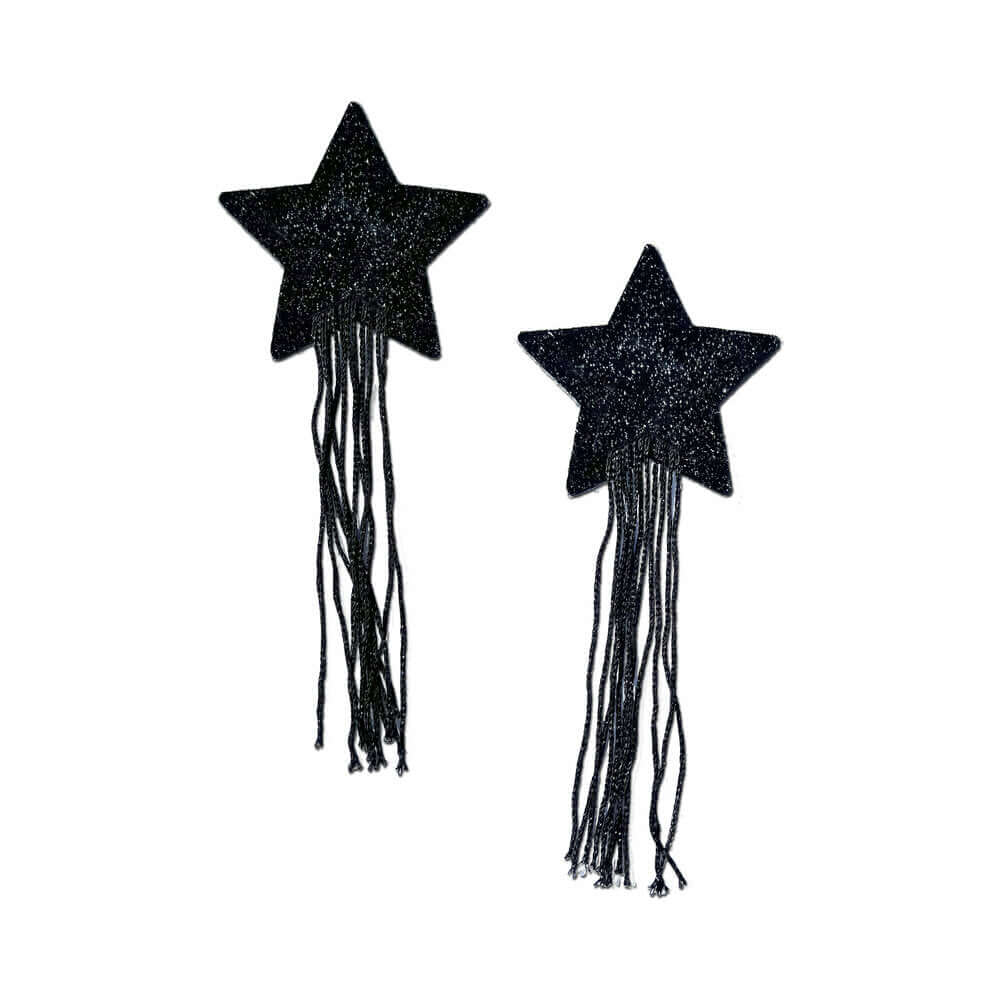 Pastease Black Sparkle Star Tassel Nipple Pasties with shiny black star shapes and long fringe.