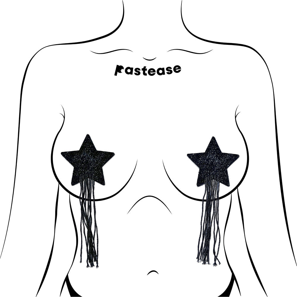 Pastease Black Sparkle Star Tassel Nipple Pasties on a model, showcasing glittery black star shape and long fringe.