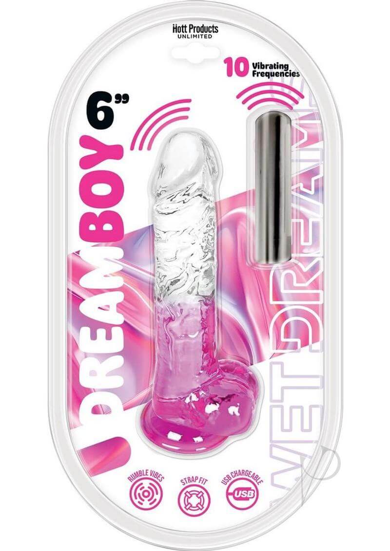 Wet Dreams Dream Boy Jelly Vibrating Dildo 6 inch Clear Magenta packaging with clear jelly vibrator and 10 vibrating frequencies.