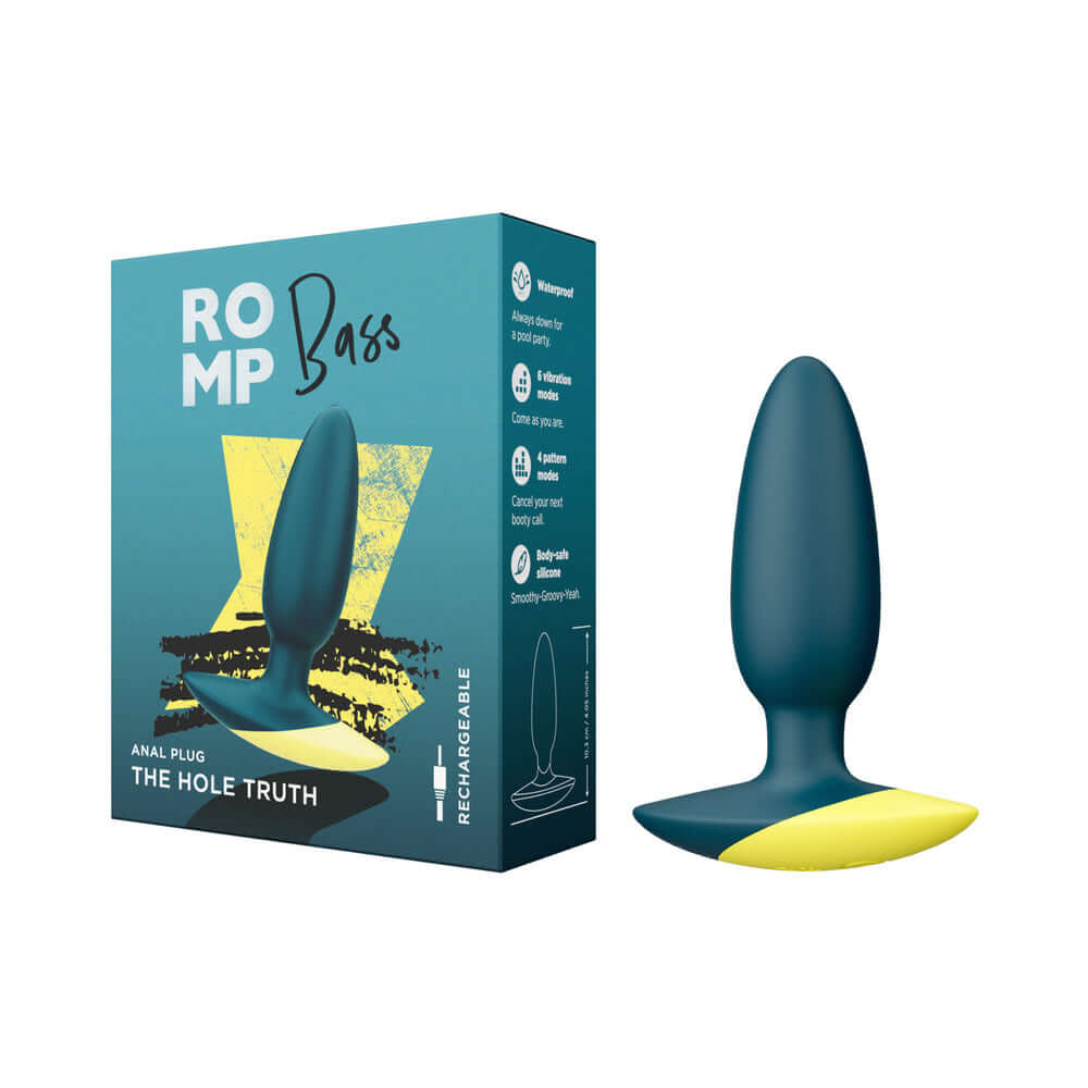 ROMP Bass Rechargeable Silicone Vibrating Anal Plug Dark Green next to its packaging showcasing ergonomic design.
