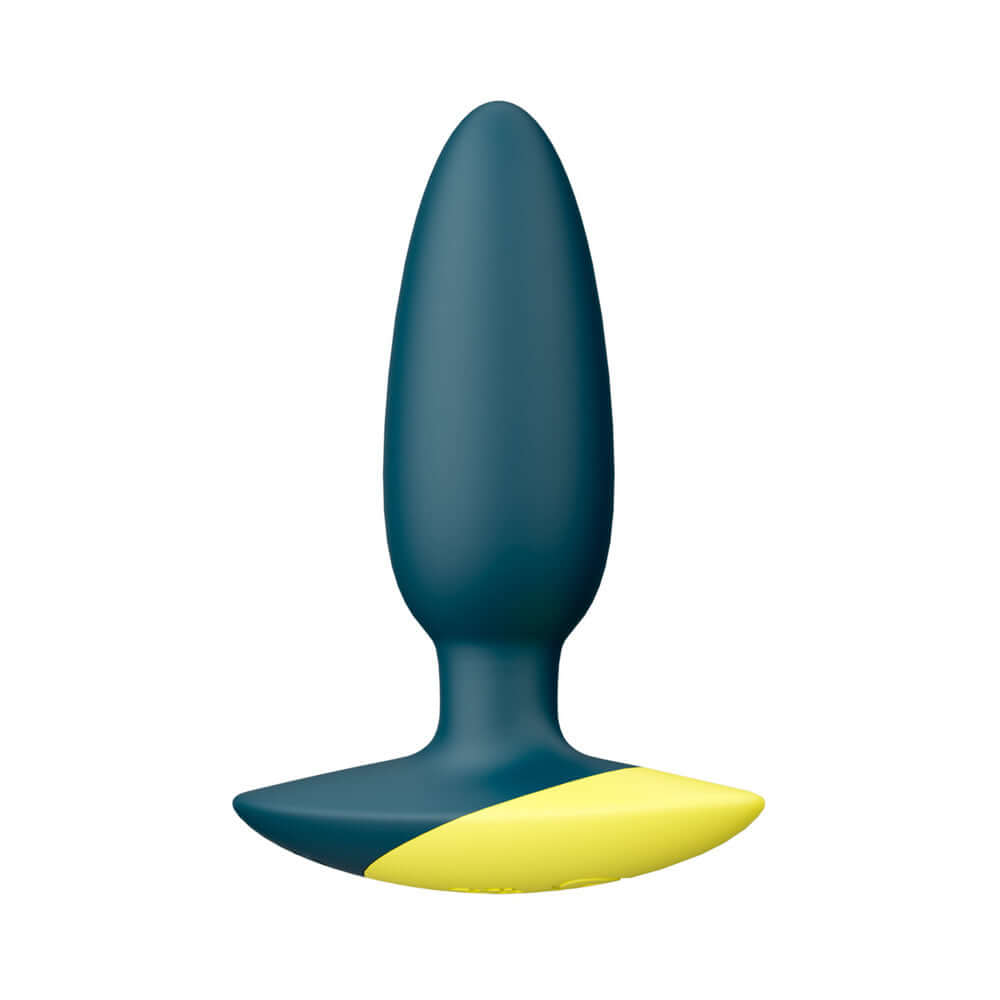 ROMP Bass Rechargeable Silicone Vibrating Anal Plug Dark Green with yellow base design.