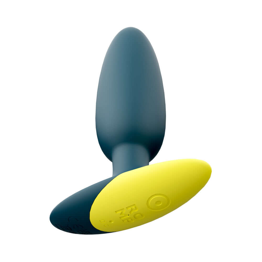 ROMP Bass Rechargeable Silicone Vibrating Anal Plug Dark Green showcasing a sleek, ergonomic design in dark green and yellow.