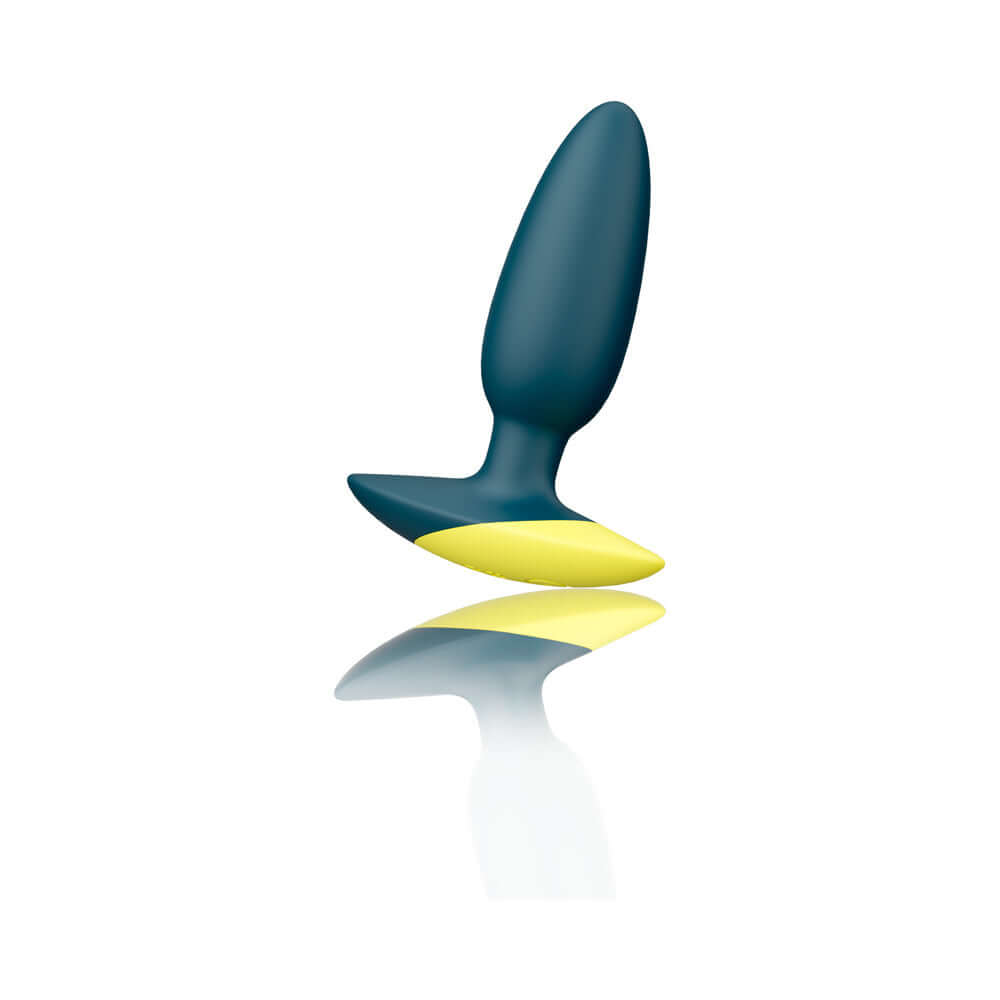 ROMP Bass Rechargeable Silicone Vibrating Anal Plug Dark Green on a reflective surface.