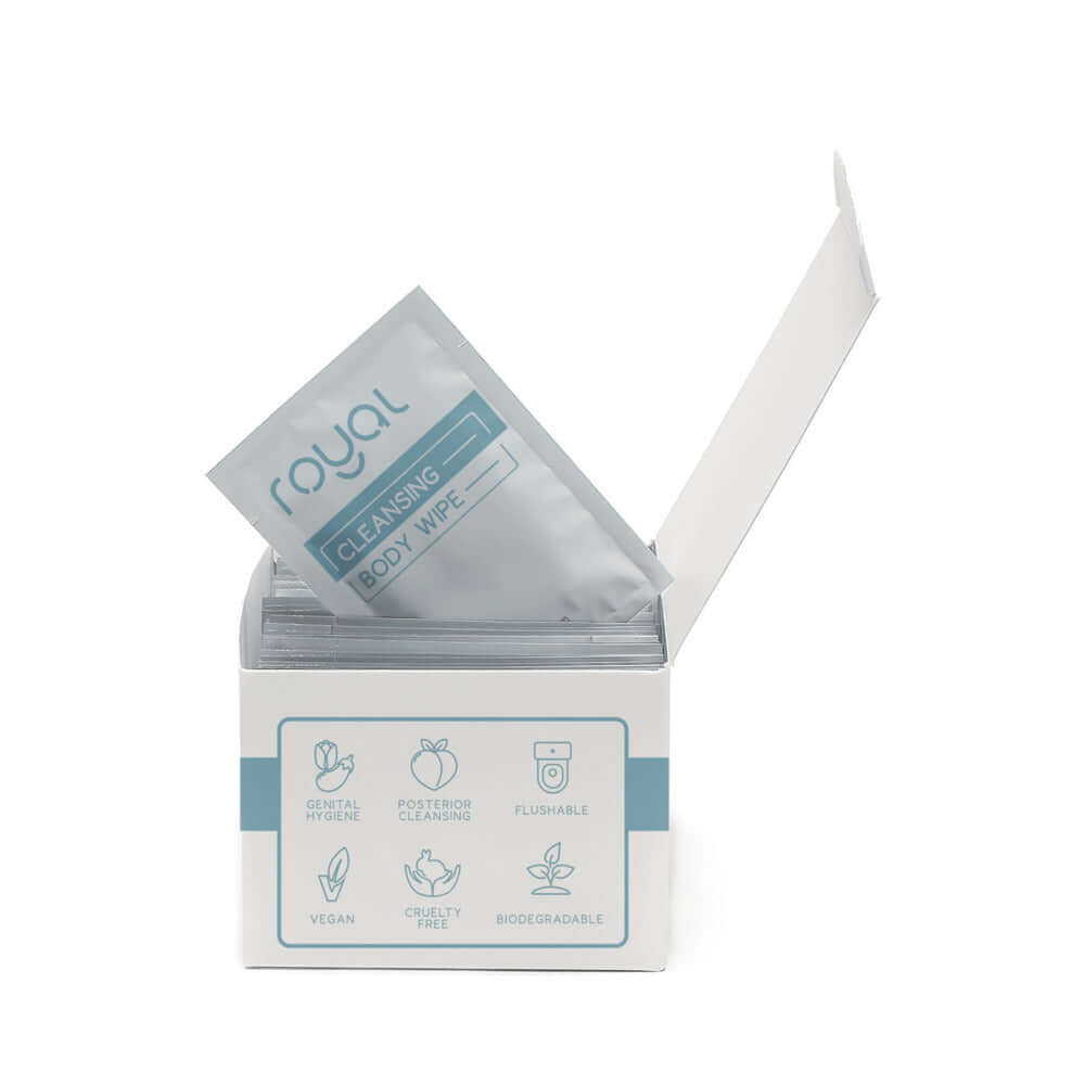 Royal Condom Intimacy Cleansing Wipes Box 30 Count packaging with individual wipes displayed.
