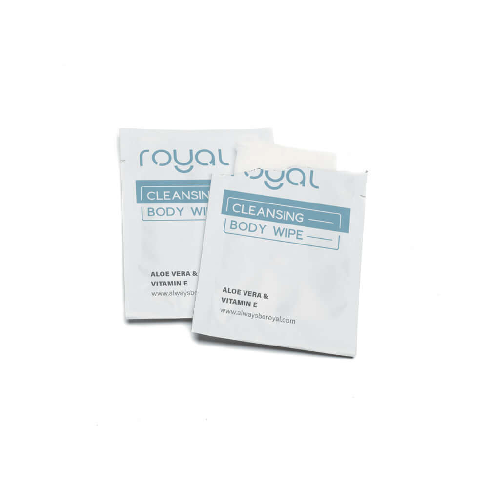 Royal Condom Intimacy Cleansing Wipes Box 30 Count individual packets with Aloe Vera and Vitamin E.