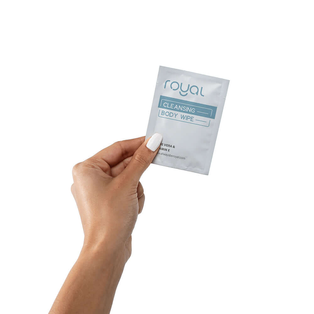 Royal Condom Intimacy Cleansing Wipes Box 30 Count, individual cleansing body wipe with Aloe Vera.