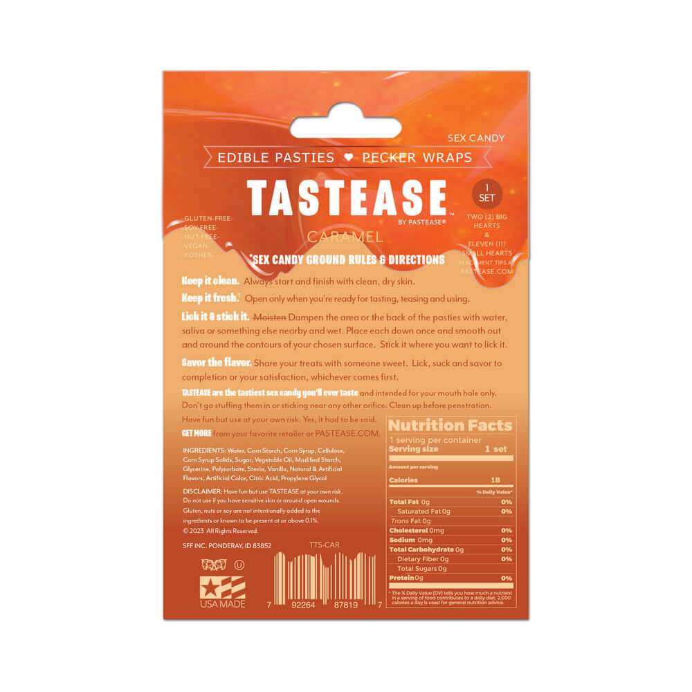 Tastease by Pastease Caramel Candy Edible Pasties & Pecker Wraps packaging with instructions and nutrition facts.