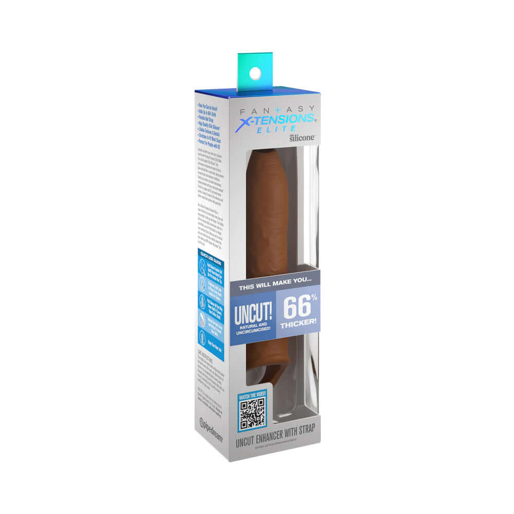 Elite Silicone Uncut Extension Sleeve with Strap 7 inch Tan in packaging, showcasing premium performance enhancement features.