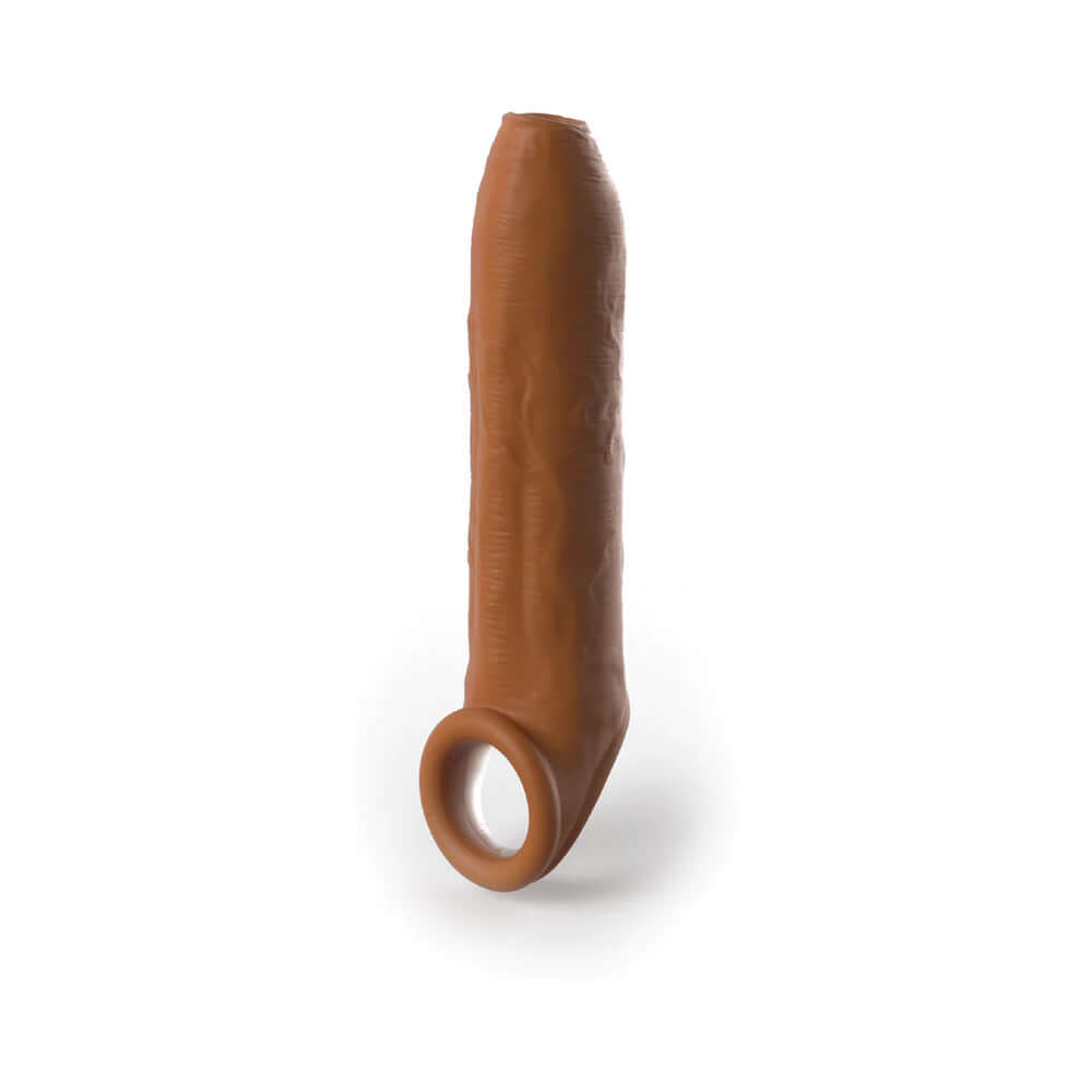 Elite Silicone Uncut Extension Sleeve with Strap 7 inch Tan showcasing a realistic design and smooth texture.