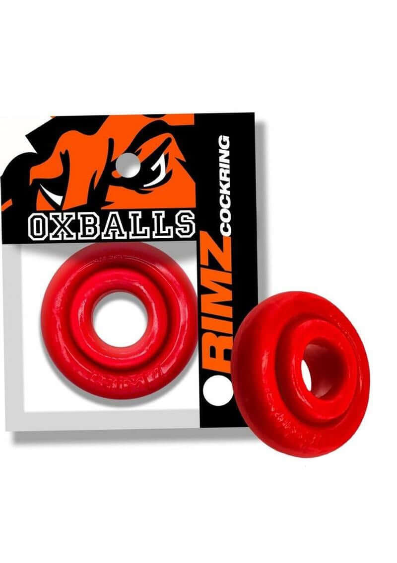 Oxballs Rimz Single Cock Ring Red displayed on packaging with two rings visible.