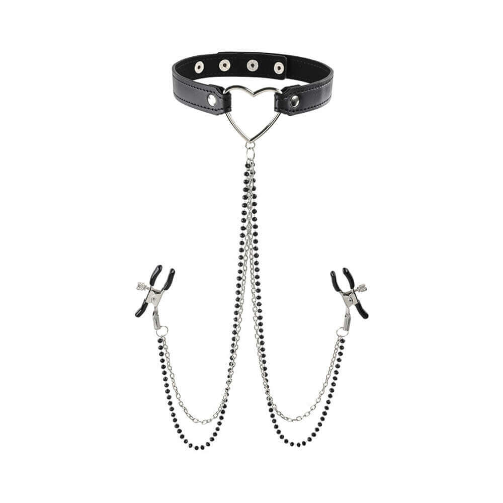 Sportsheets Sex & Mischief Amor Adjustable Collar with Nipple Clamps Black