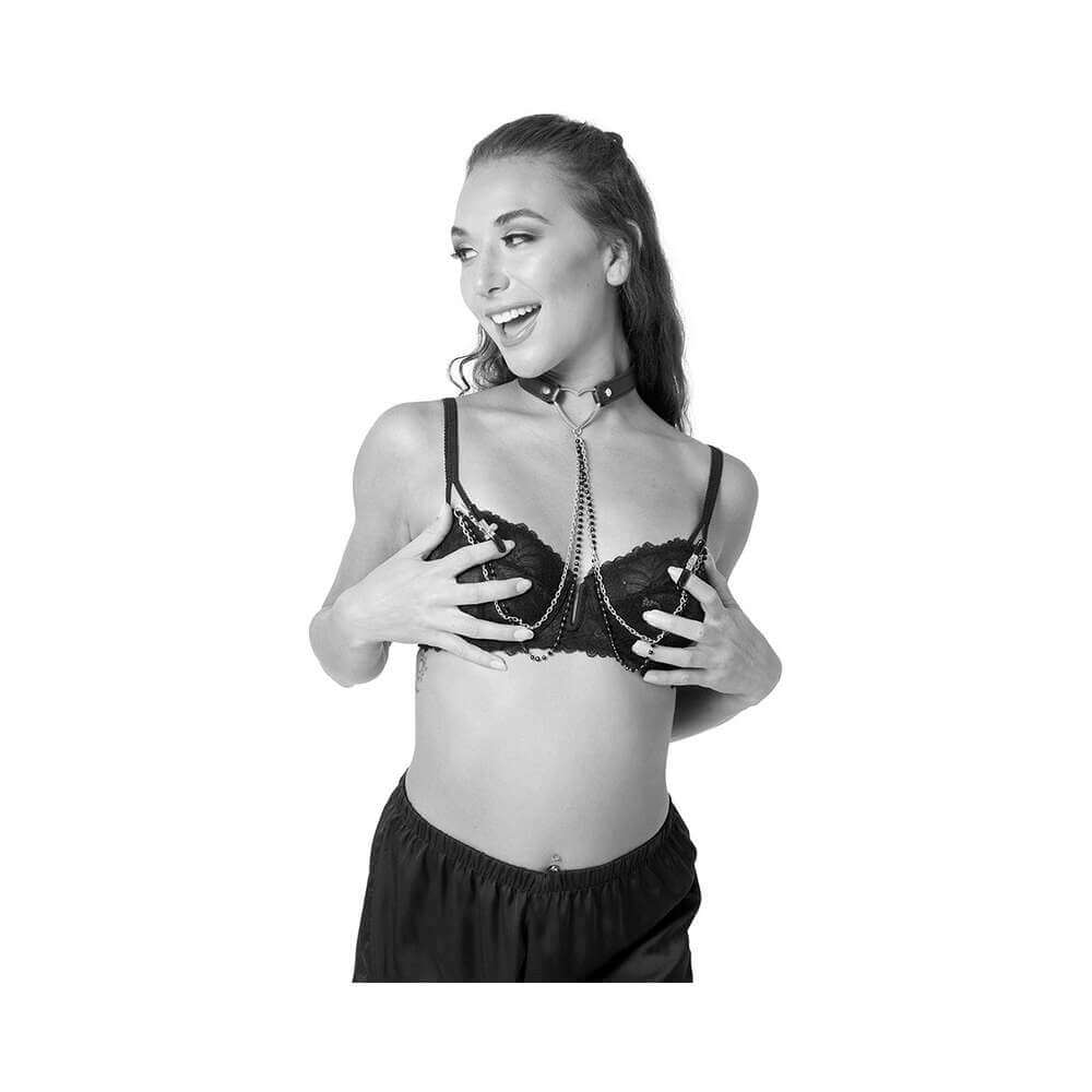 Sportsheets Sex & Mischief Amor Adjustable Collar with Nipple Clamps Black