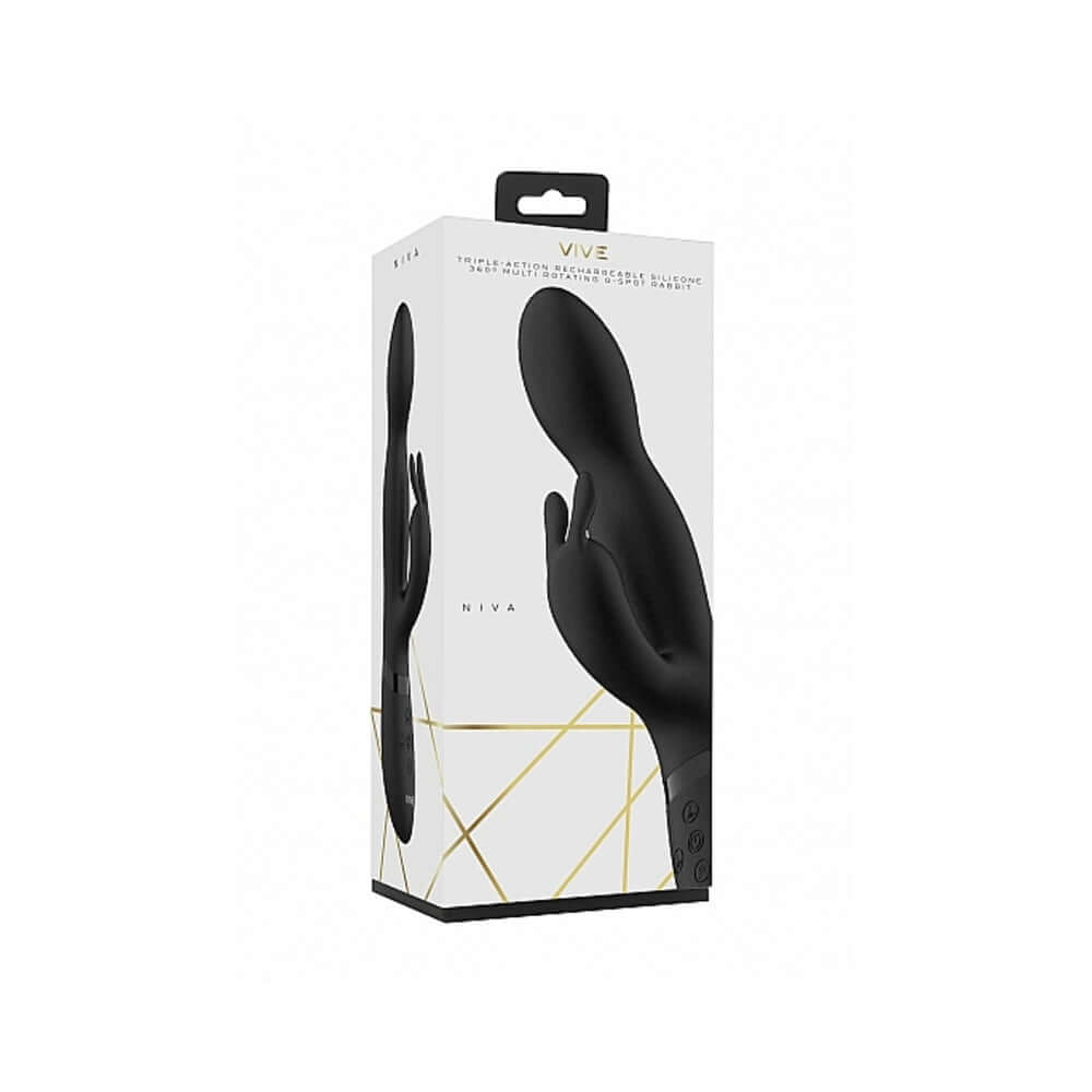 VIVE NIVA Rechargeable 360 Rotating Rabbit Vibrator Black in sleek packaging, designed for powerful dual stimulation.