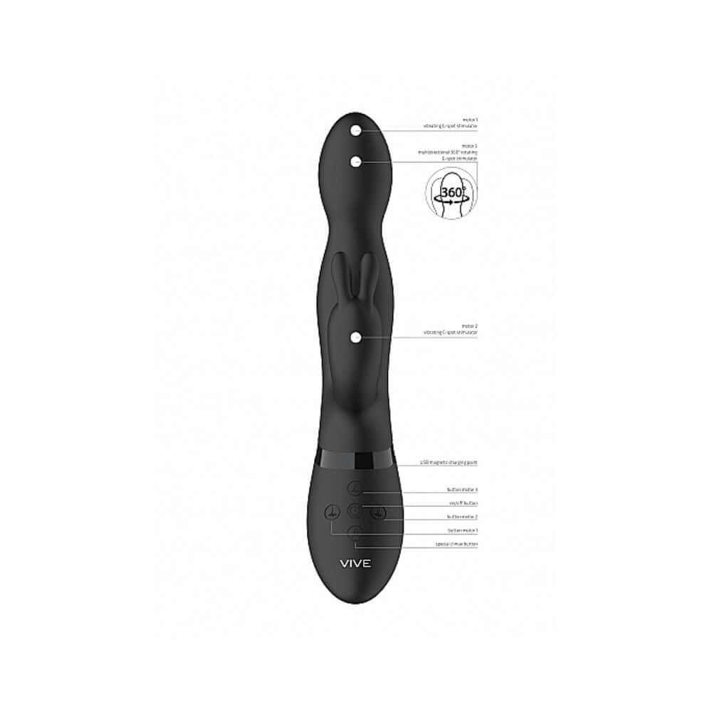 VIVE NIVA Rechargeable 360 Rotating Rabbit Vibrator Black with detailed features and controls illustration.