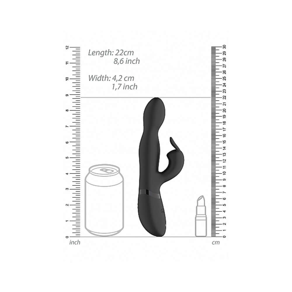 VIVE NIVA Rechargeable 360 Rotating Rabbit Vibrator Black dimensions with can for scale.