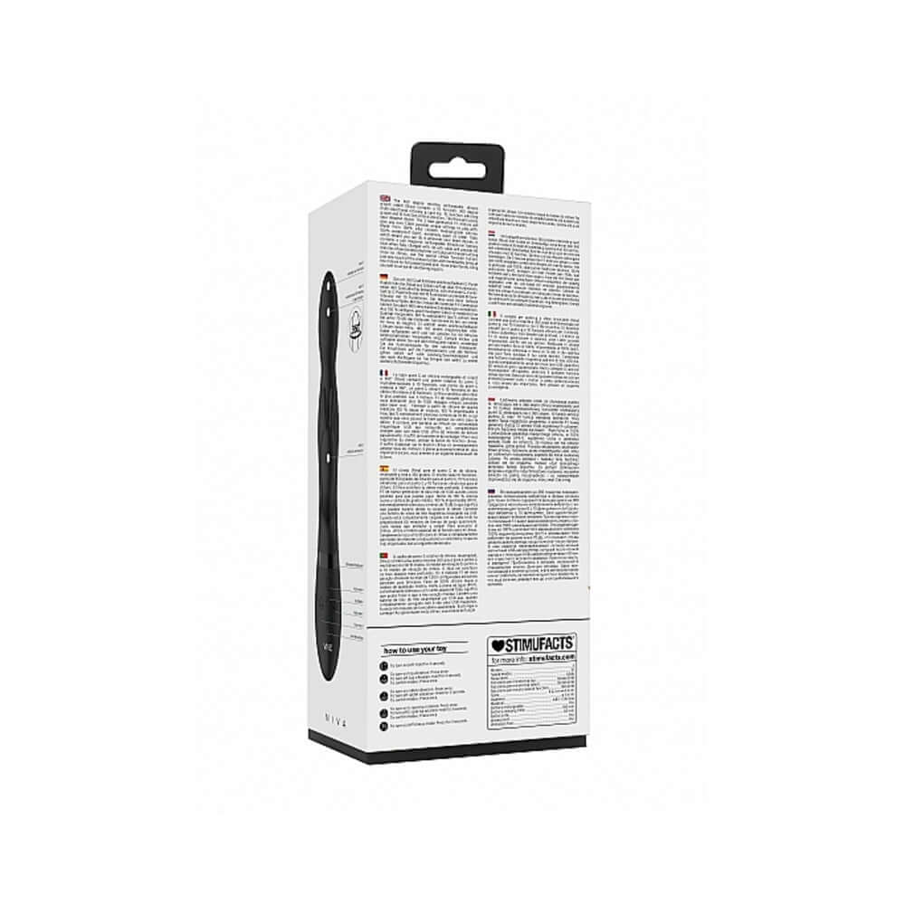 VIVE NIVA Rechargeable 360 Rotating Rabbit Vibrator Black packaging back view with detailed instructions and features.