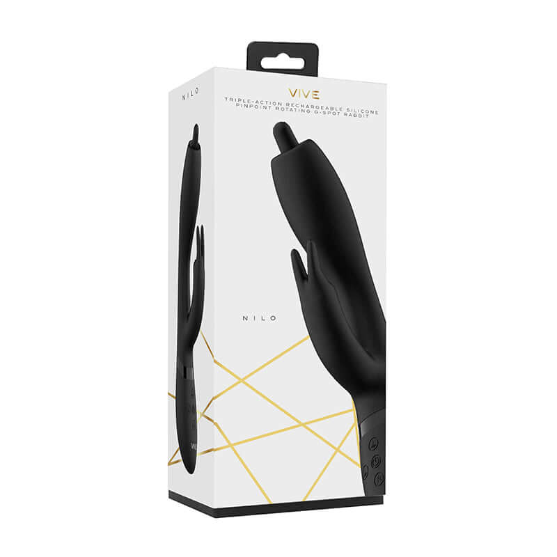 VIVE NILO Rechargeable Pinpoint Rotating Siilicone Rabbit Vibrator Black