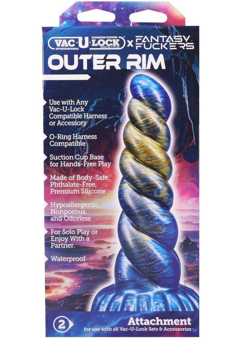 Vac-U-Lock Fantasy Fuckers Outer Rim Silicone Dildo Blue packaging showcasing features and design.