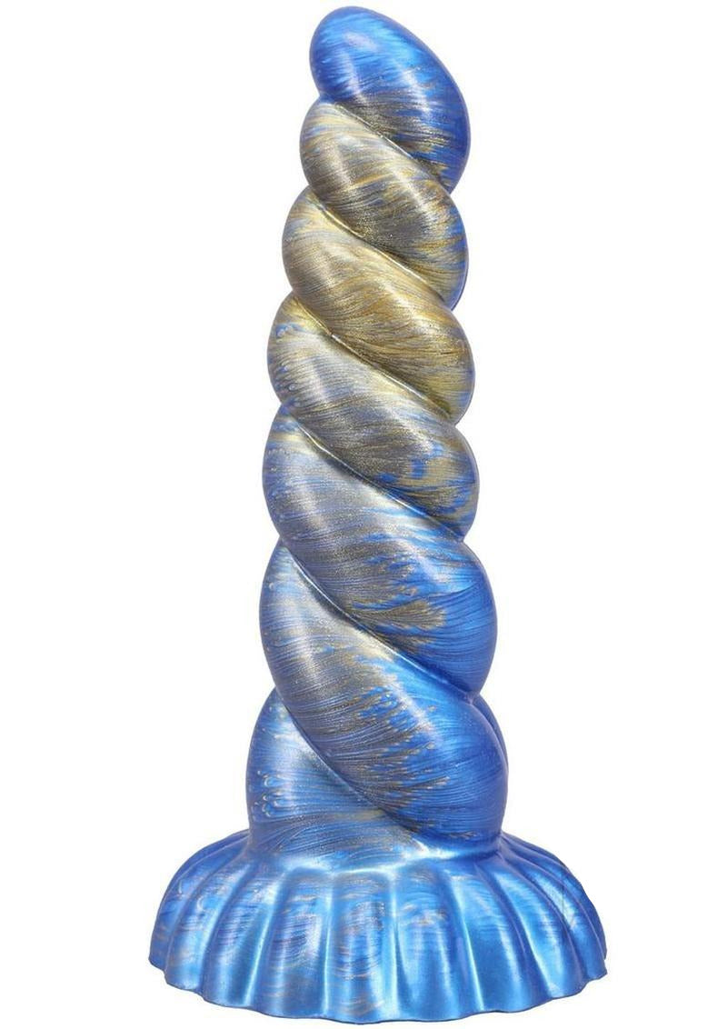Vac-U-Lock Fantasy Fuckers Outer Rim Silicone Dildo Blue with a twisted design and a rounded base in blue and gold colors.