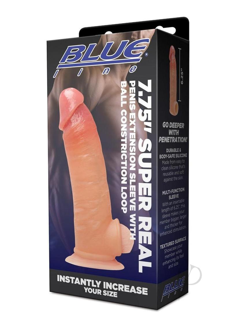 Blueline Super Real Penis Extension Sleeve 7.75 Inch Vanilla with textured surface and ball constriction loop.