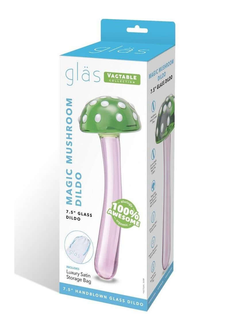 Glas Magic Mushroom Glass Dildo 7.5 inches in packaging showcasing its vibrant colors and design features.