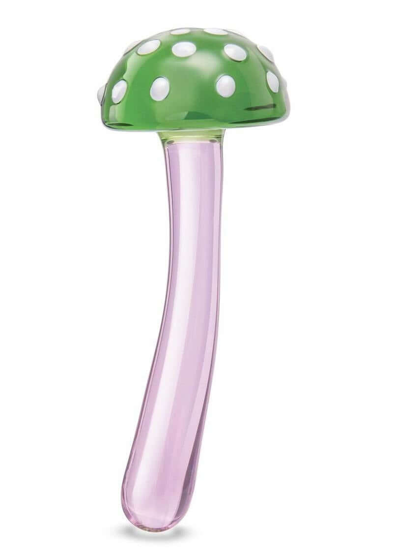 Glas Magic Mushroom Glass Dildo 7.5 inches with green cap and pink stem, handcrafted pleasure accessory.