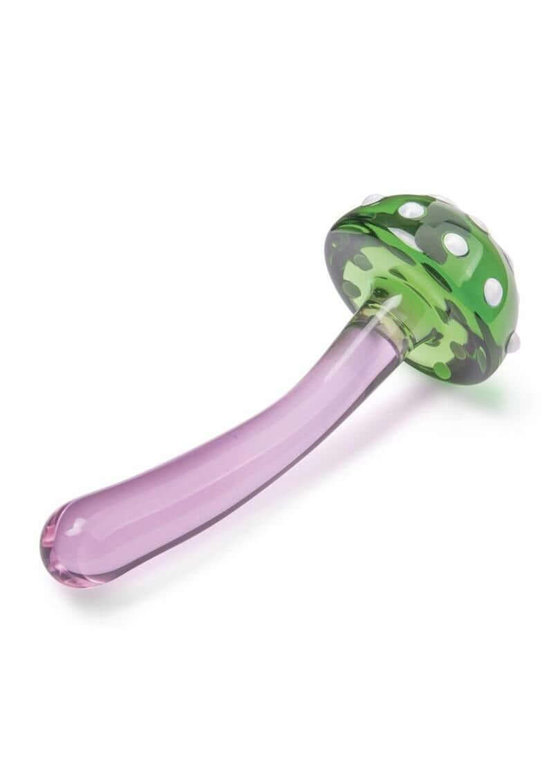 Glas Magic Mushroom Glass Dildo 7.5 inches with a whimsical green cap and pink stem, handcrafted glass pleasure accessory.