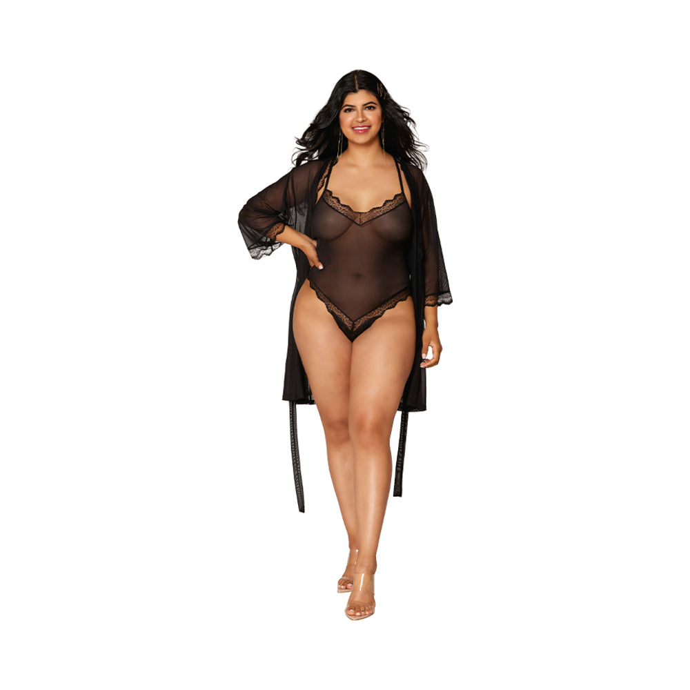 Dreamgirl Mesh Robe & Strappy Back Teddy With Lace Trim Black 1XL