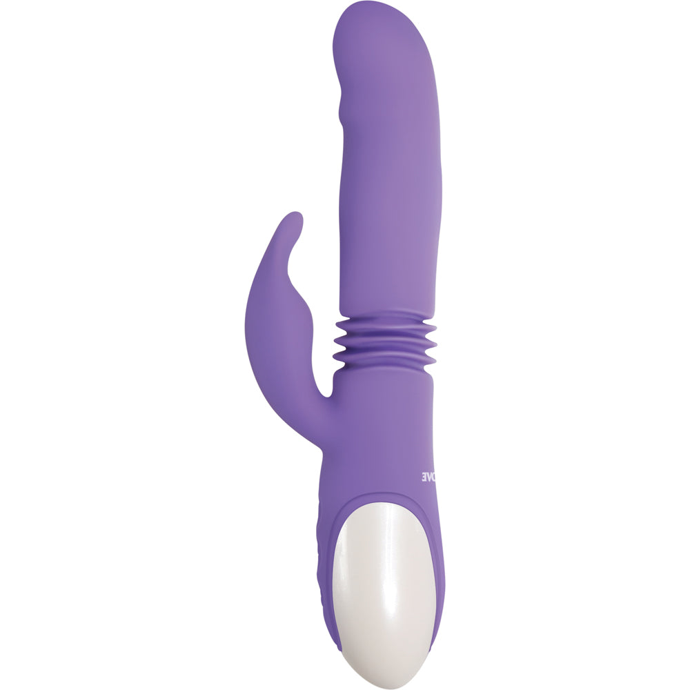 Evolved Thick & Thrust Bunny Purple Rabbit Vibrator showcasing its dual-action design and curved shaft for enhanced pleasure.