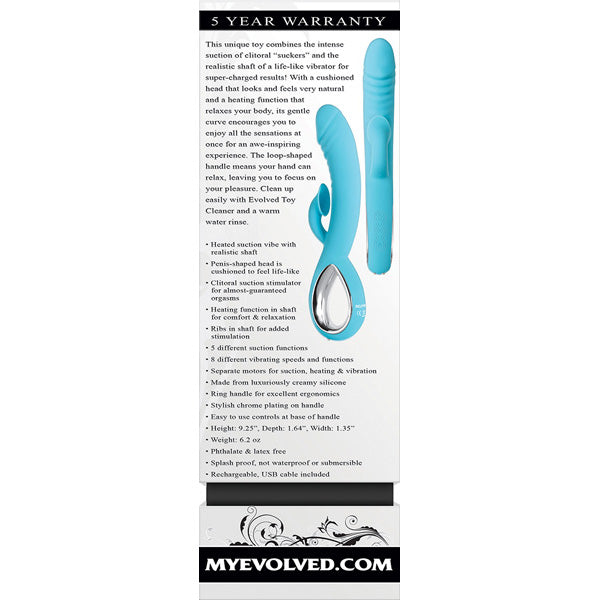 Triple Infinity Silicone Heated Rabbit Vibrator Aqua features heated suction, realistic shaft, and multiple functions.