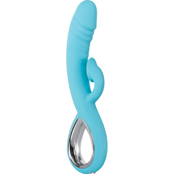 Triple Infinity Silicone Heated Rabbit Vibrator Aqua in aqua color with realistic shape and clitoral stimulation features.