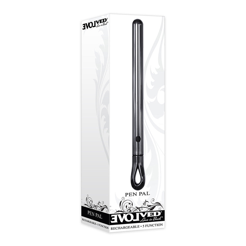 Evolved Pen Pal Stainless Steel Vibrator Black Chrome in elegant packaging for discreet pleasure.