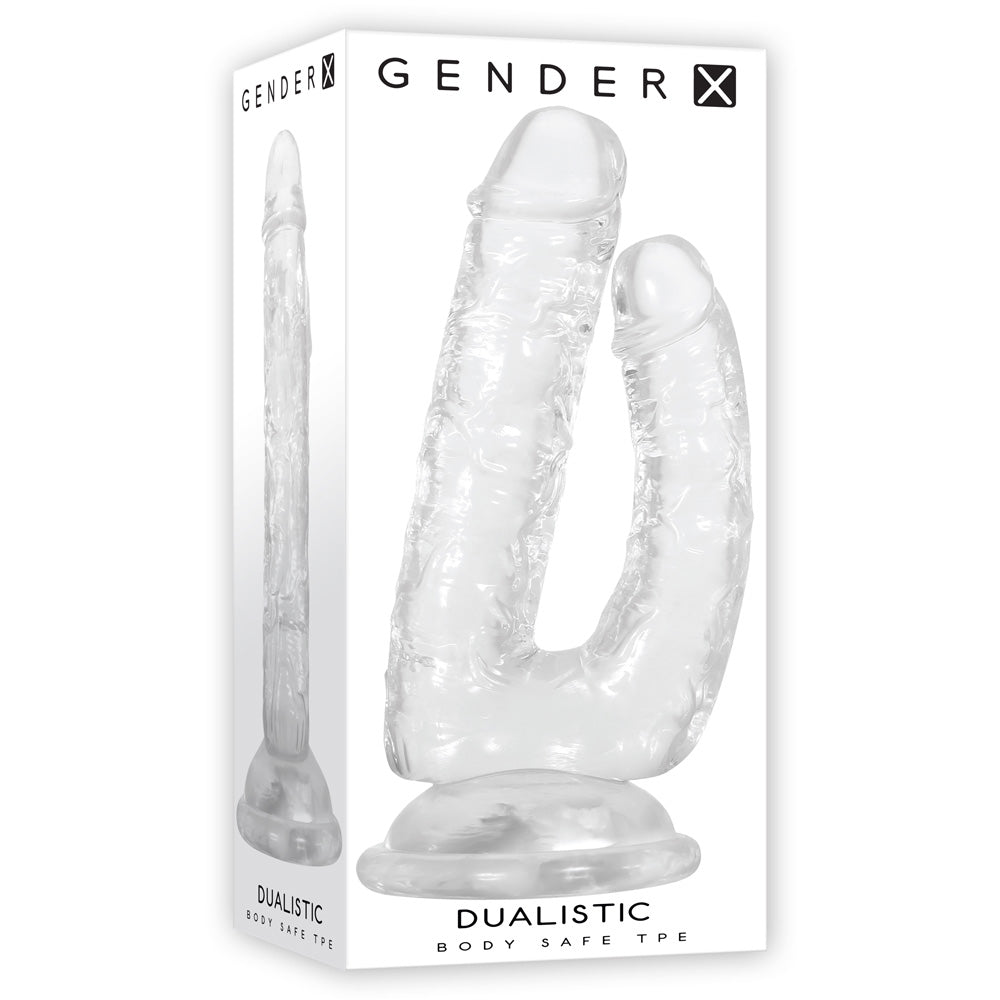 Gender X Dualistic Clear Double Shafted Dildo displayed in packaging, showcasing its unique design and body-safe material.