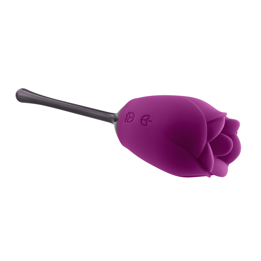Playboy Pleasure Petal Rose Tongue Vibrator Wild Aster in purple silicone, shaped like a blooming rose for intimate pleasure.