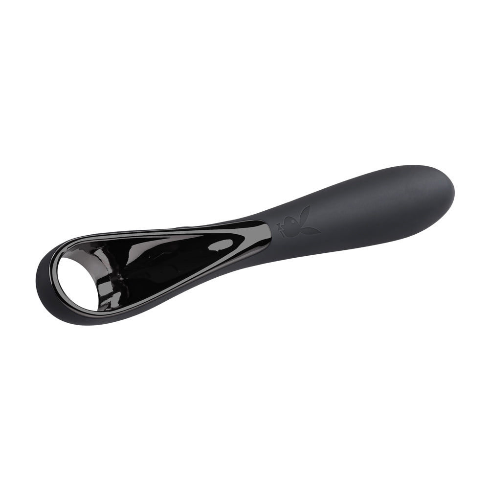 Playboy Pleasure Ollo Ring Finger Vibrator displayed in sleek black design, highlighting its unique ring handle for easy control.
