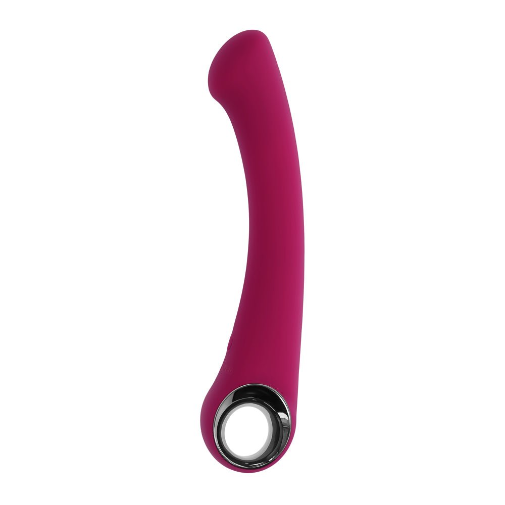 Pleasure Curve Silicone G-Spot Vibrator Red showcasing its sleek design and chrome-finished ring handle.