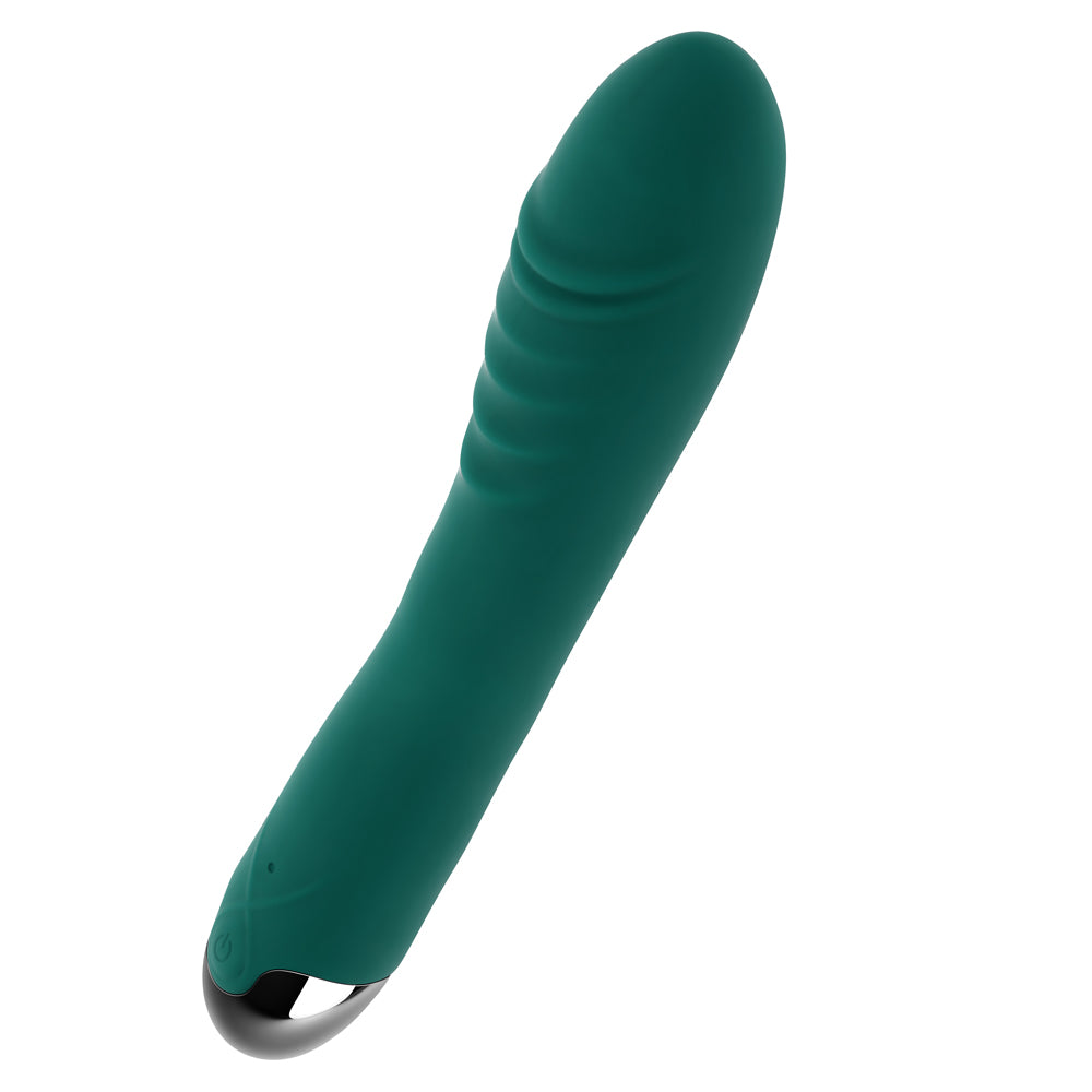 Gender X Pirouette Silicone Twirling Vibrator Green in textured green silicone with a tapered tip and shiny base.