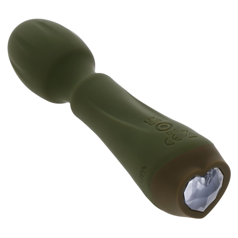 Selopa Heartfelt Silicone Body Wand Vibrator Green, compact massager with heart-shaped control button and textured head.