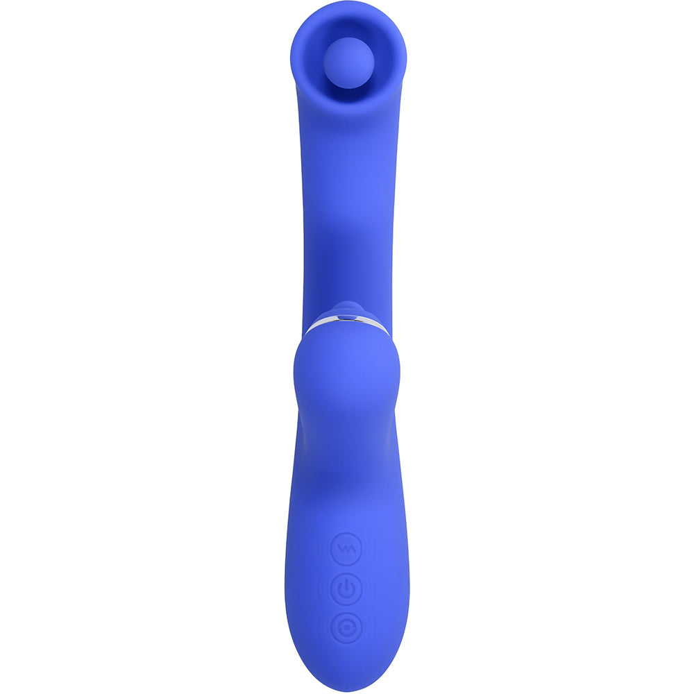 Evolved Oh Gee Silicone G-Spot Vibrator Blue showcasing its design with a spinning ball and clitoral arm for stimulation.