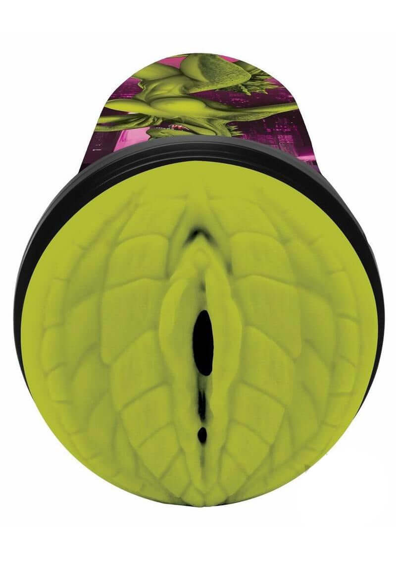 Creature Cock Fuckzilla Silicone Pussy Stroker Green showing detailed textures and vibrant green design.